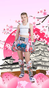 Top King Sponsored fighter Marie Ruumet - wearing Pink Boxing Gloves, Pink Shin guards and Pink Muay Thai shorts all with Japanese Culture design.
