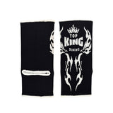 Black Muay Thai ankle guards with 'Top King Boxing' logo in white writing. Used for Muay Thai, kickboxing and MMA.