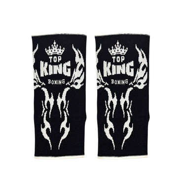 Black Muay Thai ankle guards with 'Top King Boxing' logo in white writing. Used for Muay Thai, kickboxing and MMA.
