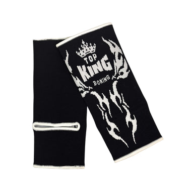Black Muay Thai ankle guards with 'Top King Boxing' logo in white writing. Used for Muay Thai, kickboxing and MMA.