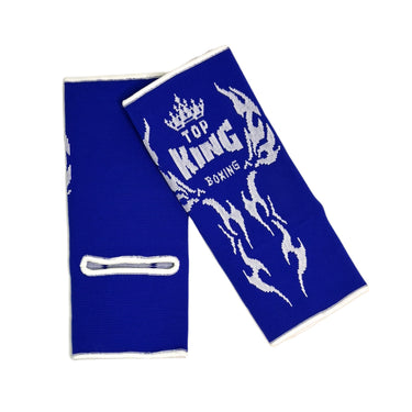 Blue Muay Thai ankle guards with 'Top King Boxing' logo in white writing. Used for Muay Thai, kickboxing and MMA.