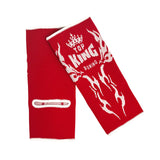 Red Muay Thai ankle guards with 'Top King Boxing' logo in white writing. Used for Muay Thai, kickboxing and MMA.