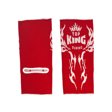 Red Muay Thai ankle guards with 'Top King Boxing' logo in white writing. Used for Muay Thai, kickboxing and MMA.