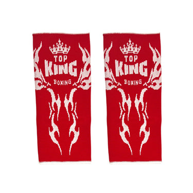 Red Muay Thai ankle guards with 'Top King Boxing' logo in white writing. Used for Muay Thai, kickboxing and MMA.