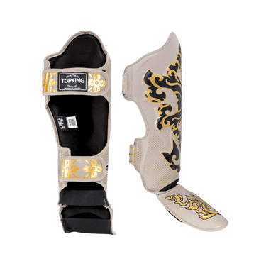 Top King shin guards; Kanok beige used for Muay Thai and mma sparring