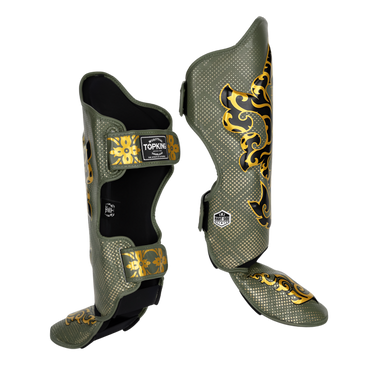 Top King Shin Guards from Kanok Collection in Khaki. Muay Thai shin guards used for MMA and Kickboxing. Side view