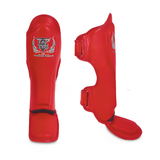 Red Top King Shin Guards used for Muay Thai and MMA sparring
