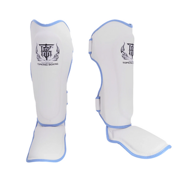 Muay Thai Top King shin guards in white and blue by Top King Boxing