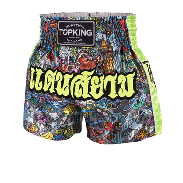 Muay Thai Shorts by Top King Boxing USA - Muay Thai shorts have Thai culture cartoon figures and Thai writing in Neon Green