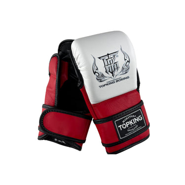 Red and white MMA sparring gloves with Topking Boxing logo on a white background