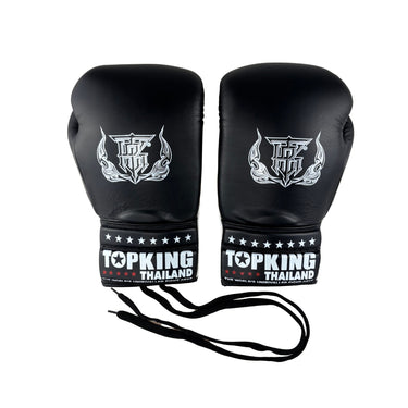 Top King Pro Competition Lace up gloves in Black and white top view