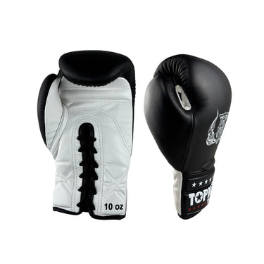 Top King Pro Competition Lace up gloves in Black and white side view