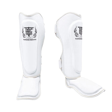 Top King Reborn white shin guards, front and side view