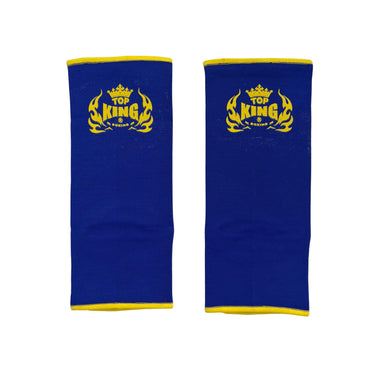 Top King blue ankle guards with yellow logo, front view
