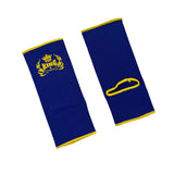 Top King blue ankle guards with yellow logo, front and back view