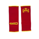 Top King red ankle guards with yellow logo, front and back view