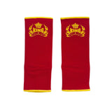Top King red ankle guards with yellow logo, front view