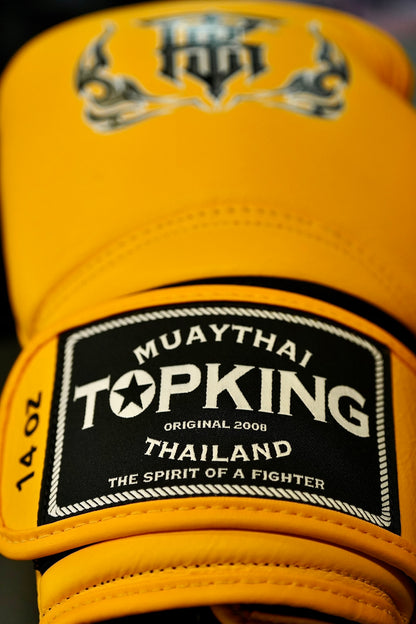 Yellow Boxing Gloves from Top King close up on velcro strap