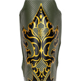Close up look at Top King Shin Guards from Kanok Collection in Khaki. Muay Thai shin guards used for MMA and Kickboxing.
