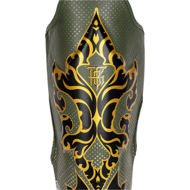 Close up look at Top King Shin Guards from Kanok Collection in Khaki. Muay Thai shin guards used for MMA and Kickboxing.