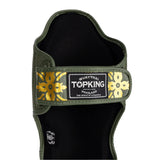 Top King Shin Guards from Kanok Collection in Khaki. Muay Thai shin guards used for MMA and Kickboxing. Close up of rear of the shin guard.