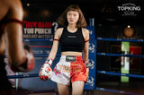 Top King rose Muay Thai shorts and Boxing gloves worn by female Muay Thai fighter