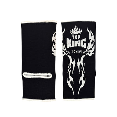 Black Muay Thai ankle guards with 'Top King Boxing' logo in white writing. Used for Muay Thai, kickboxing and MMA.