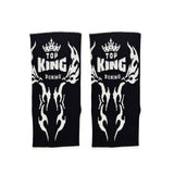 Black Muay Thai ankle guards with 'Top King Boxing' logo in white writing. Used for Muay Thai, kickboxing and MMA.