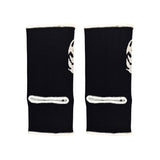 Black Muay Thai ankle guards with 'Top King Boxing' logo in white writing. Used for Muay Thai, kickboxing and MMA.