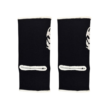 Black Muay Thai ankle guards with 'Top King Boxing' logo in white writing. Used for Muay Thai, kickboxing and MMA.