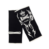 Black Muay Thai ankle guards with 'Top King Boxing' logo in white writing. Used for Muay Thai, kickboxing and MMA.