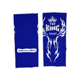 Blue Muay Thai ankle guards with 'Top King Boxing' logo in white writing. Used for Muay Thai, kickboxing and MMA.