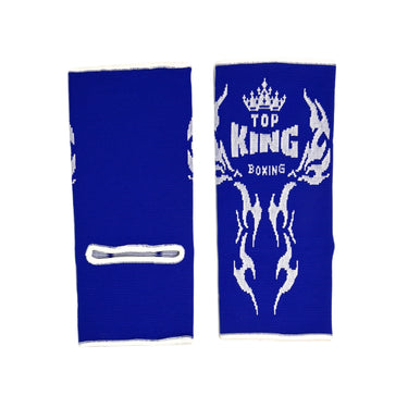 Blue Muay Thai ankle guards with 'Top King Boxing' logo in white writing. Used for Muay Thai, kickboxing and MMA.