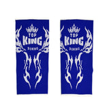 Blue Muay Thai ankle guards with 'Top King Boxing' logo in white writing. Used for Muay Thai, kickboxing and MMA.