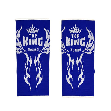 Blue Muay Thai ankle guards with 'Top King Boxing' logo in white writing. Used for Muay Thai, kickboxing and MMA.