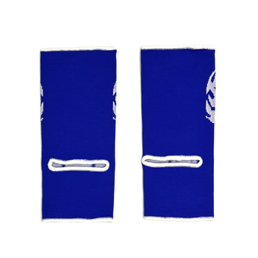 Blue Muay Thai ankle guards with 'Top King Boxing' logo in white writing. Used for Muay Thai, kickboxing and MMA.