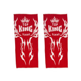 Red Muay Thai ankle guards with 'Top King Boxing' logo in white writing. Used for Muay Thai, kickboxing and MMA.