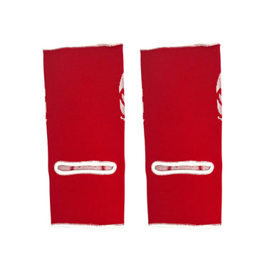Red Muay Thai ankle guards with 'Top King Boxing' logo in white writing. Used for Muay Thai, kickboxing and MMA.
