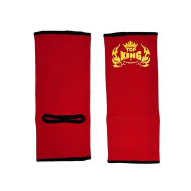 Muay Thai Ankle guards in Red with 'Top King' logo in yellow. Front and rear view