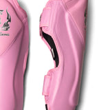Top King Shin Guards in Pink from Blend collection. Muay Thai Shin Guards also used for MMA and Kickboxing. Side view