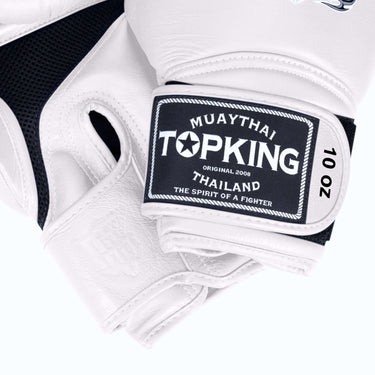 White Muay Thai Gloves from Top King Boxing USA used for Muay Thai, MMA, Kickboxing and boxing