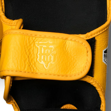 Close up pic of behind of Top King Shin Guards in Yellow. Shin Guards used for Muay Thai, MMA and Kickboxing.