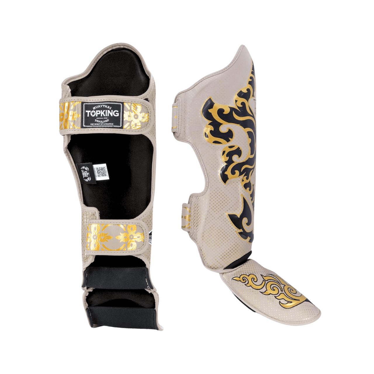 Top King shin guards; Kanok beige used for Muay Thai and mma sparring 