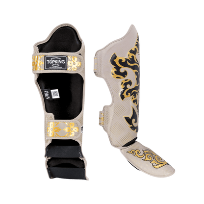 Top King shin guards; Kanok beige used for Muay Thai and mma sparring 