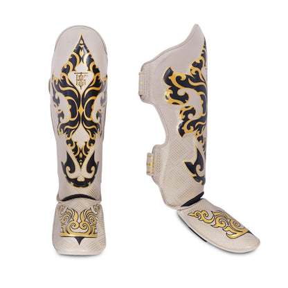 Top King shin guards; Kanok beige used for Muay Thai and mma sparring 