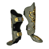 Top King Shin Guards from Kanok Collection in Khaki. Muay Thai shin guards used for MMA and Kickboxing. Side view