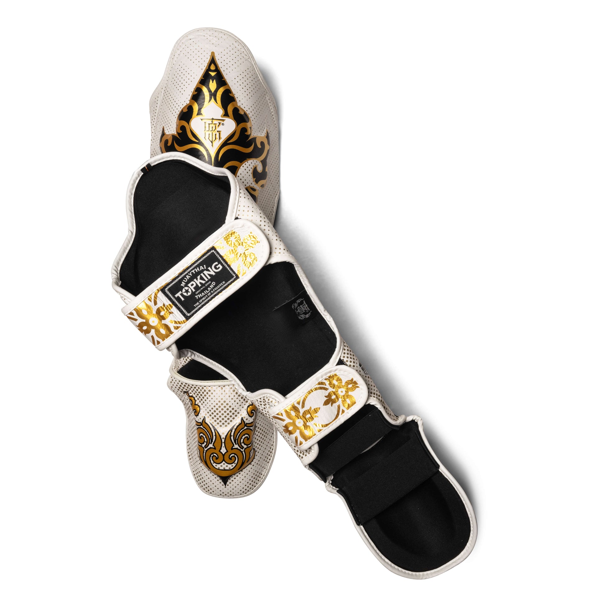 Muay Thai Top King shin guards: white and gold kanok pattern by Top King Boxing