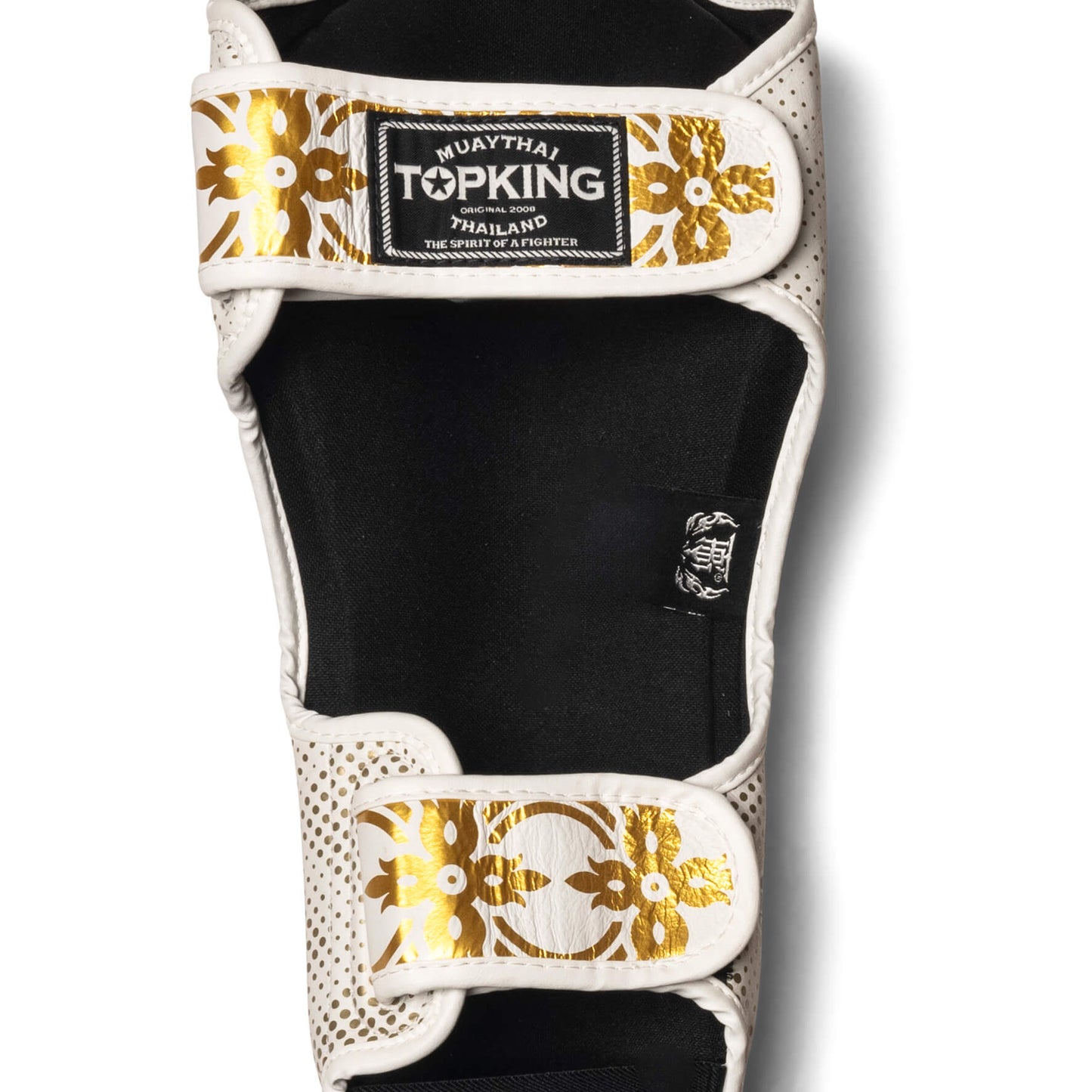 Muay Thai Top King shin guards: white and gold kanok pattern by Top King Boxing