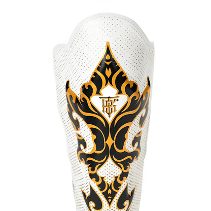 Muay Thai Top King shin guards: white and gold kanok pattern by Top King Boxing