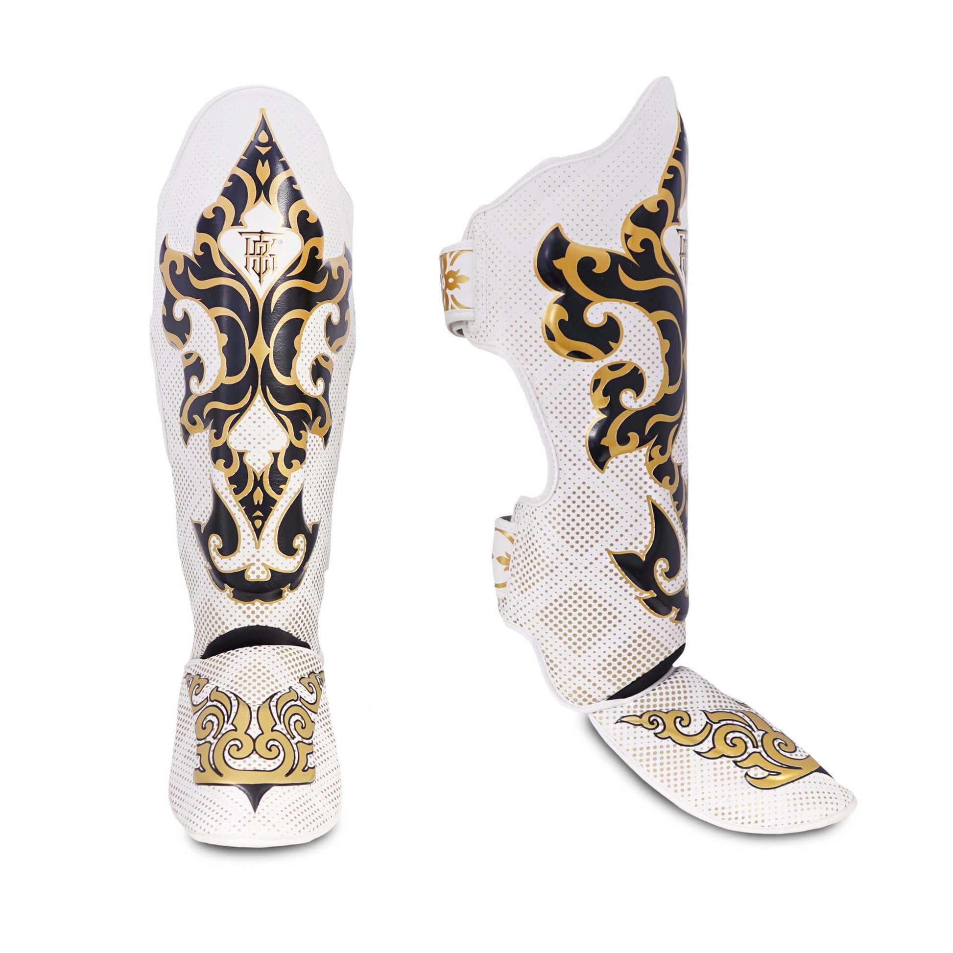 Muay Thai Top King shin guards: white and gold kanok pattern by Top King Boxing